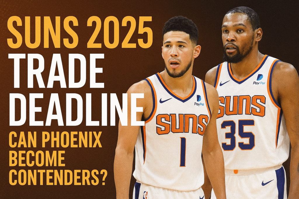 Devin Booker and Kevin Durant in Phoenix Suns jerseys with 2025 trade deadline headline.