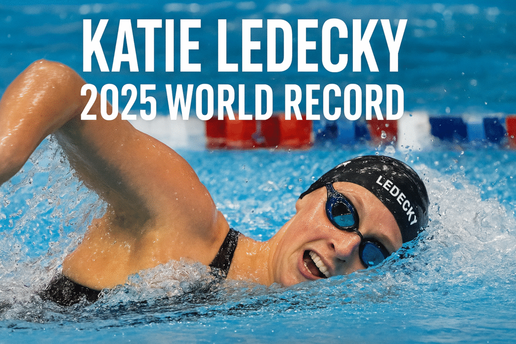 Katie Ledecky swimming freestyle with 2025 world record text.