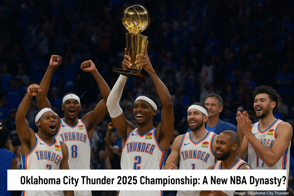 Oklahoma City Thunder celebrate 2025 NBA Championship with Shai Gilgeous-Alexander lifting the trophy